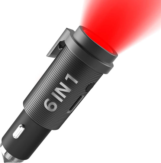 6 in 1 Car Emergency Tool, with Window Breaker Seatbelt Cutter 3 Modes Cigarette Lighter Flashlight, Rescue Life Saving USB Car Phone Charger 18W,Mini Black