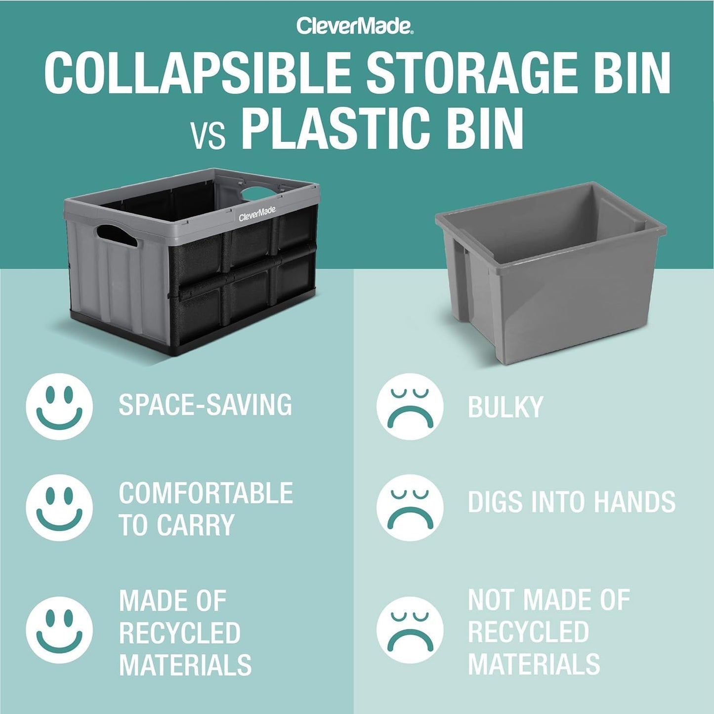 CleverMade Collapsible Storage Bins, 32L 3 Pack, Durable Plastic, Obsidian | Built-in handles simplify garage, car and household organization, while the roomy open-top keeps bulky supplies accessible