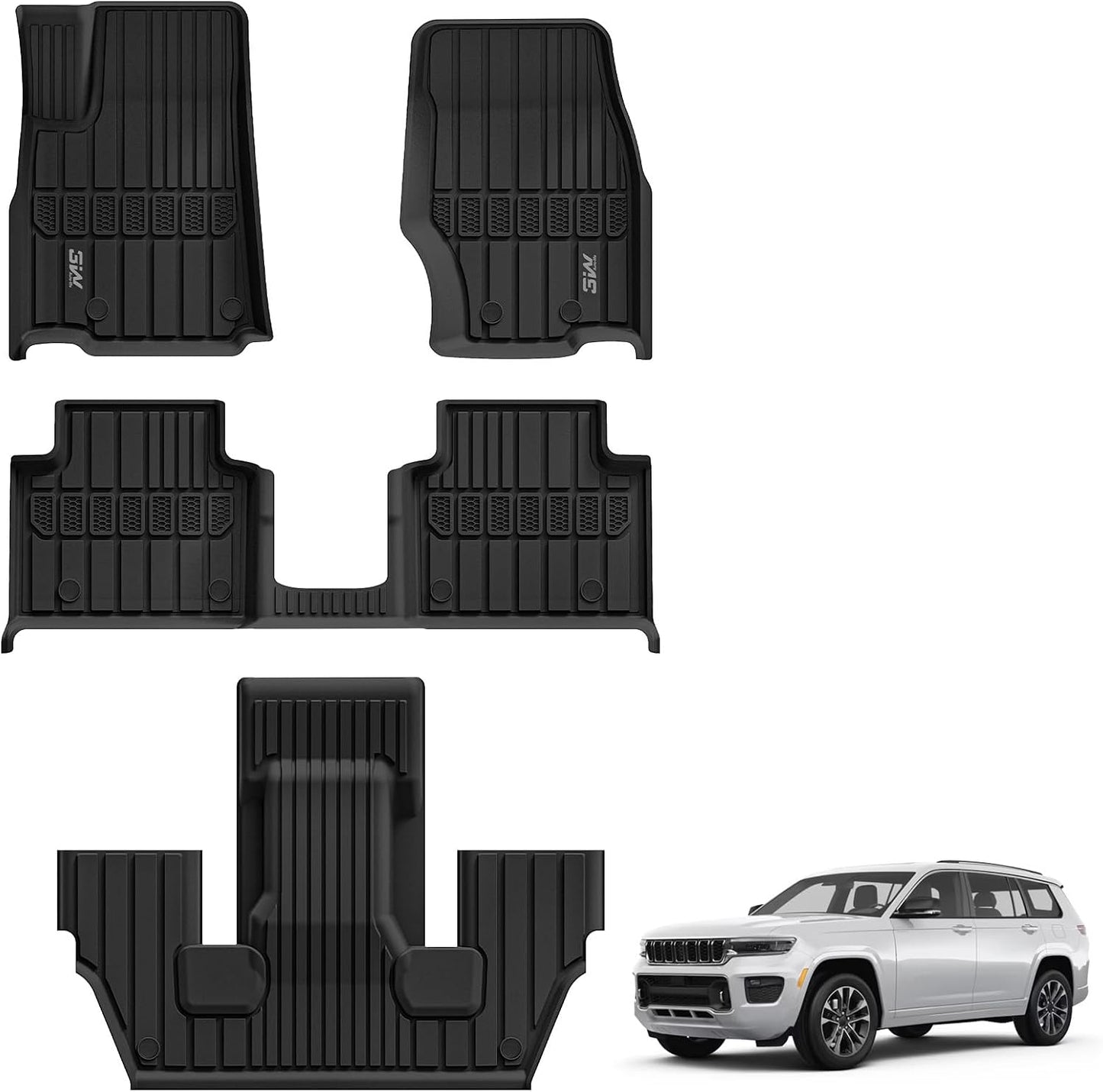 3W Floor Mats Fit for Jeep Grand Cherokee L 2021-2025 2026, TPE All Weather Custom Fit Floor Liner for 1-3 Rows Full Set Car Mats Black (Only for 6 Seater Without Center Console)