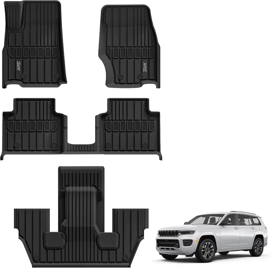 3W Floor Mats Fit for Jeep Grand Cherokee L 2021-2025 2026, TPE All Weather Custom Fit Floor Liner for 1-3 Rows Full Set Car Mats Black (Only for 6 Seater Without Center Console)