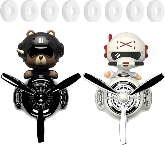 2Pcs Car Air Fresheners, Cute Bear Pilot Automotive Air Outlet Creative Car Perfume Diffuser, Automotive Accessories Air Vent Decoration with 8 Fragrant Tablets (Black 1+White 1)