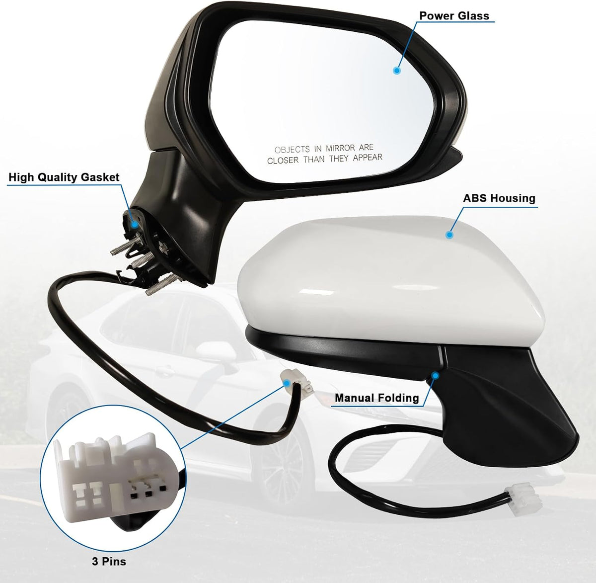 Right Passenger side Mirror Fits 2018-2024 Toyota Camry with Power Glass without Heated without turn signals without Blind Spot Match Super White Replace 8791006800(3Pins)