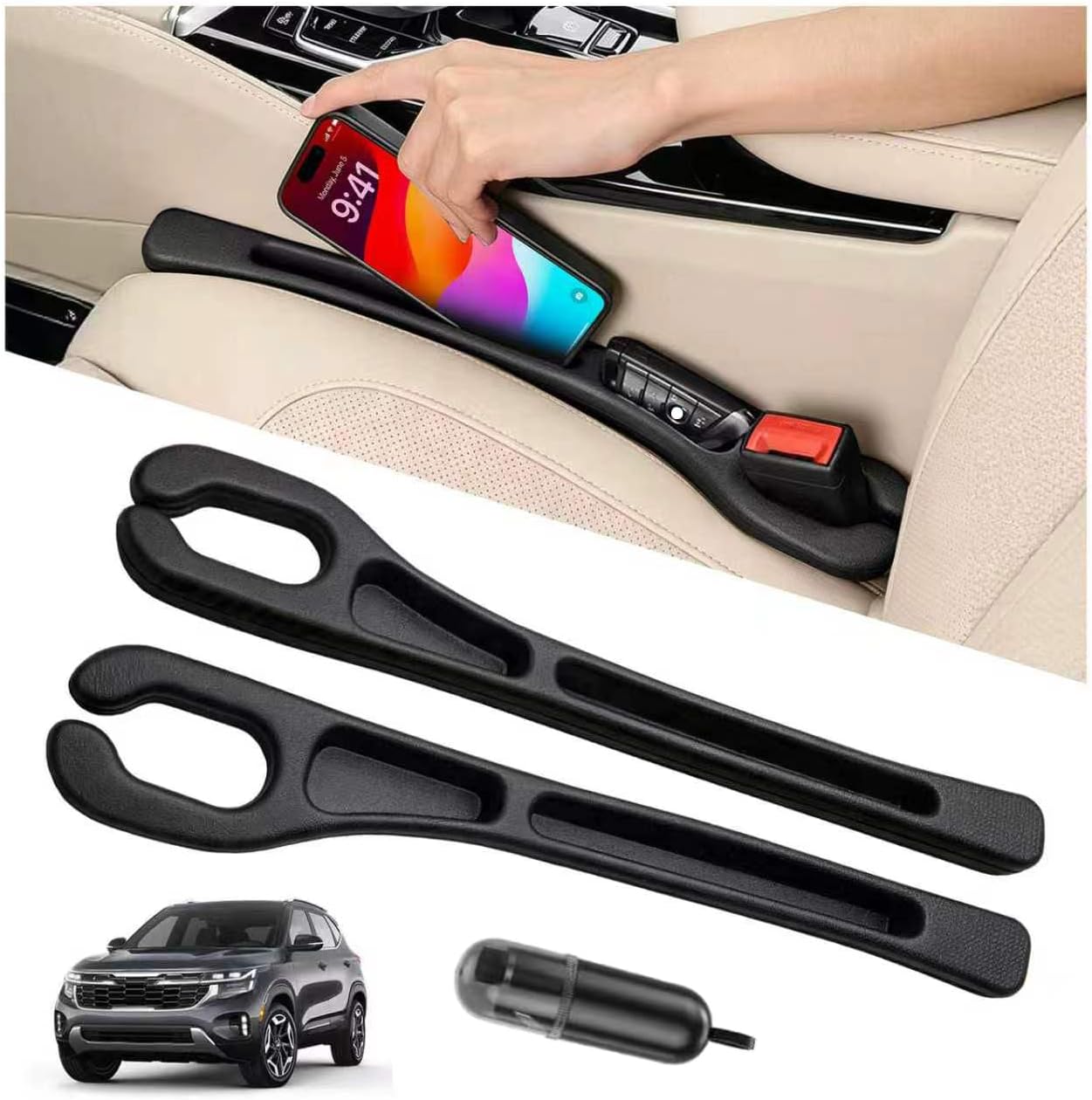Car Seat Gap Filler Organizer 2Pcs,Car Accessories with Safety Hammer,2 in 1 No Drop Seat Guard with Storage Slot for Phone,Keys,Universal Interior Gap Filler for Cars SUV Truck,Black