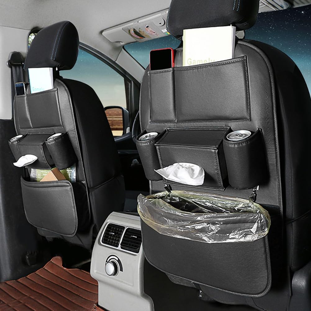 1PCS Car Backseat Organizer Seat Back Protectors Kick Mats, PU Leather Car Storage Organizer Hanging Bag with Car Tissue Holder Kids Toys Storage Car Accessories (Black)
