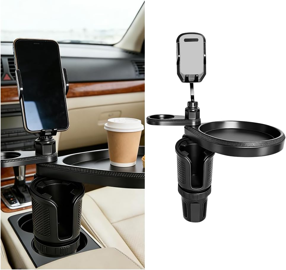 Car Cup Holder Tray, 4-in-1 Vehicle Drink Holder Expander Adapter with Phone Holder & Food Tray Table, Auto Center Console Cupholder Eating Table Organizer for Road Trip, Universal Fit (Gray)