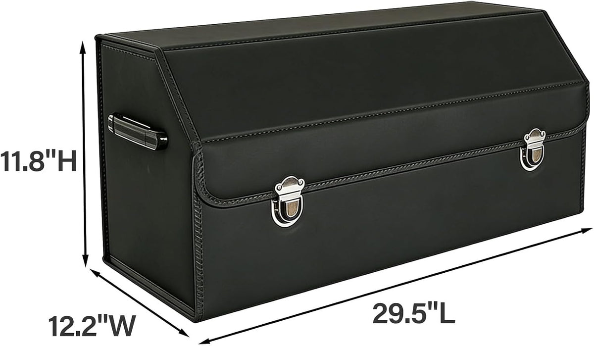 Leather Storage Box Car Trunk Organizer with Lid, Foldable PU Leather Cargo Storage Bin for SUV Sedan Truck, Portable Auto Organizer for Grocery Tool Storage, Black 29.5" L*12.2" W*11.8" H