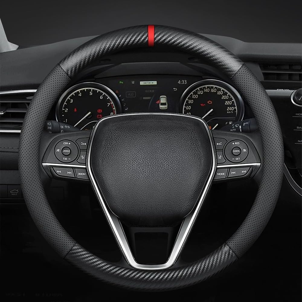 Carbon Fiber Leather car Steering Wheel Cover, Comfortable and Anti-Skid, Universal 15 inch (Black)
