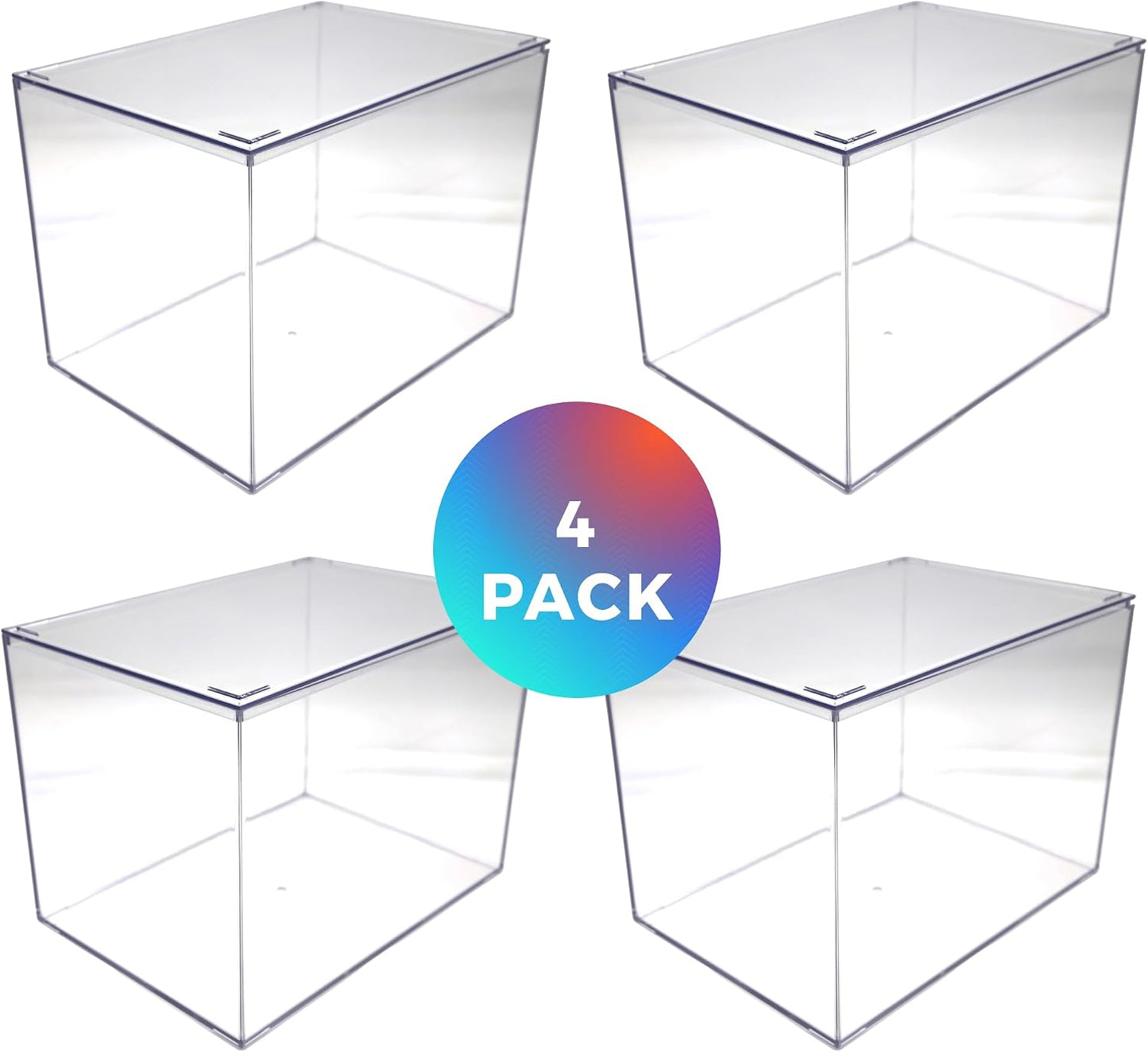4-Pk Clear Acrylic Display Case with Lid, 12.5x8.5x8.5in, Memorabilia Box | Large 12.5x8.5x8.5 clear box for signed memorabilia, dioramas or shoe &amp; purse storage. Stackable, made in USA.