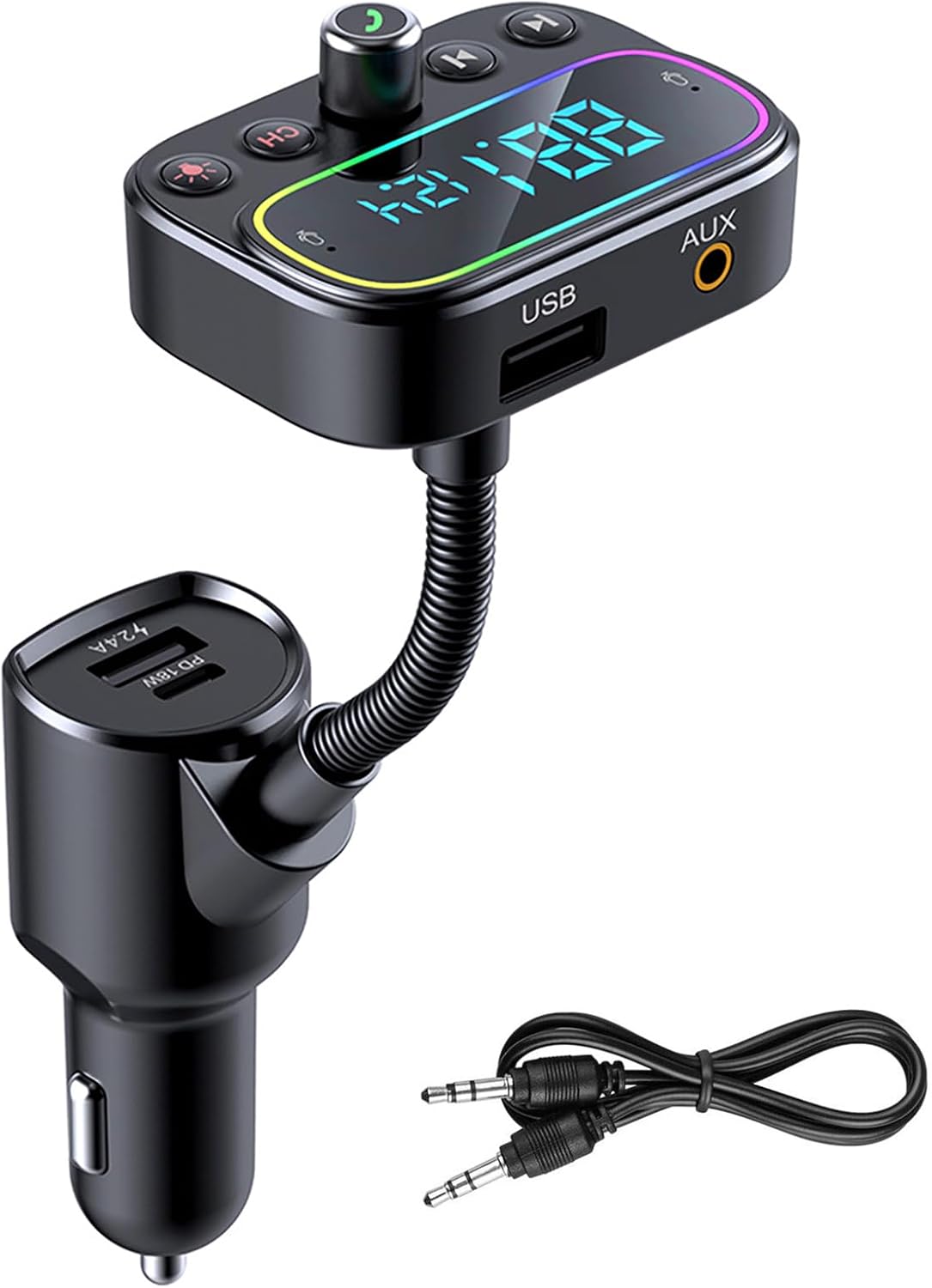 DAGIJIRD Bluetooth 5.0 FM Transmitter Car Adapter USB&Type-C Car Charger Cigarette Lighter Adapter, Hands-Free Calling, Small