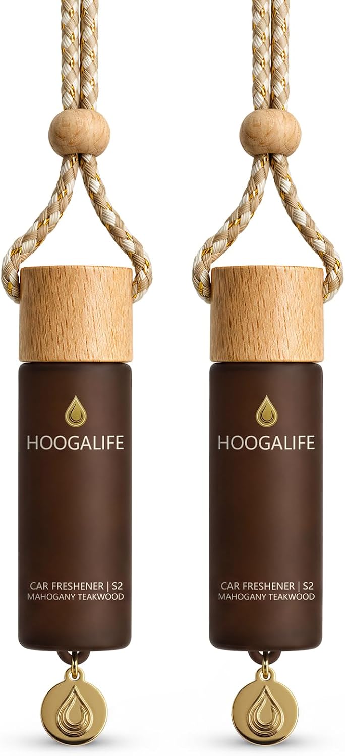 HOOGALIFE Car Air Freshener 2 Pack, Mahogany Teakwood Hanging Diffuser, 45+ Days Long Lasting Scent, Refillable Bottle, Odor Control for Auto Interior, Made in USA