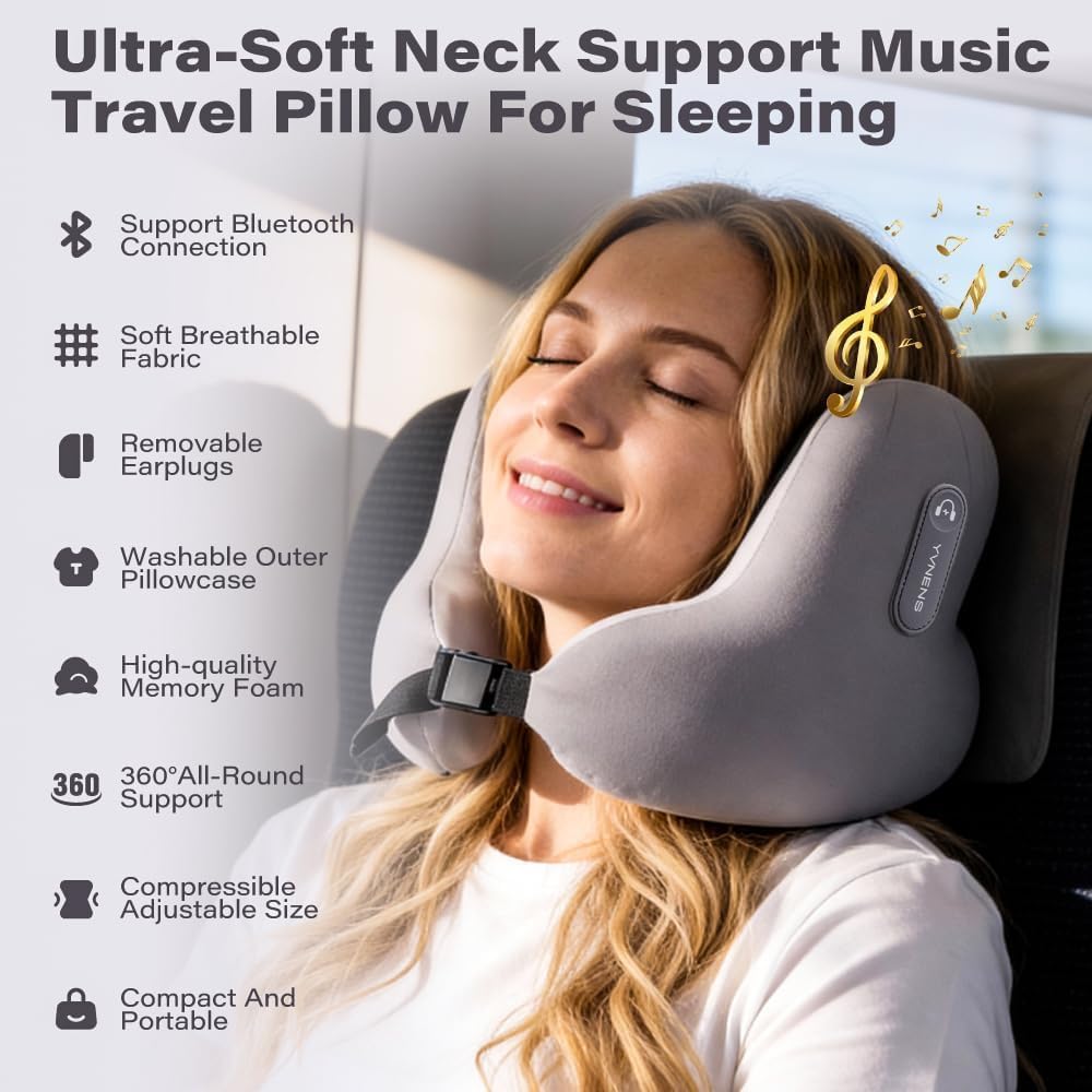 Neck Travel Pillows for Airplanes with Bluetooth, Premium Memory Foam Neck Pillow, Noise Reducing Travel Pillow for Long Flight, Office, Cars, Home, Sleeping and Rest, Gray