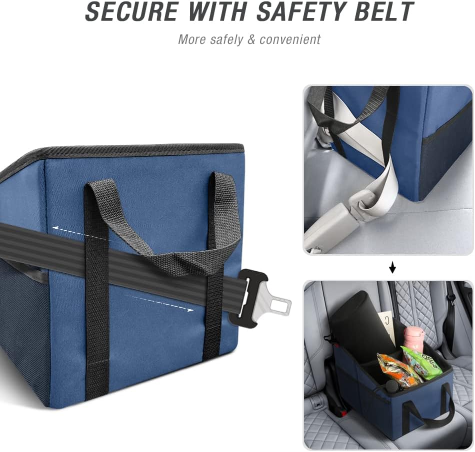 YOOFAN Car Seat Organizer - Passenger Seat Organizer, Collapsible Small Car Seat Storage for Console Front or Back, Automotive Backseat Organizer with Belt 4 Cup Holders for Kids Accessories, Blue