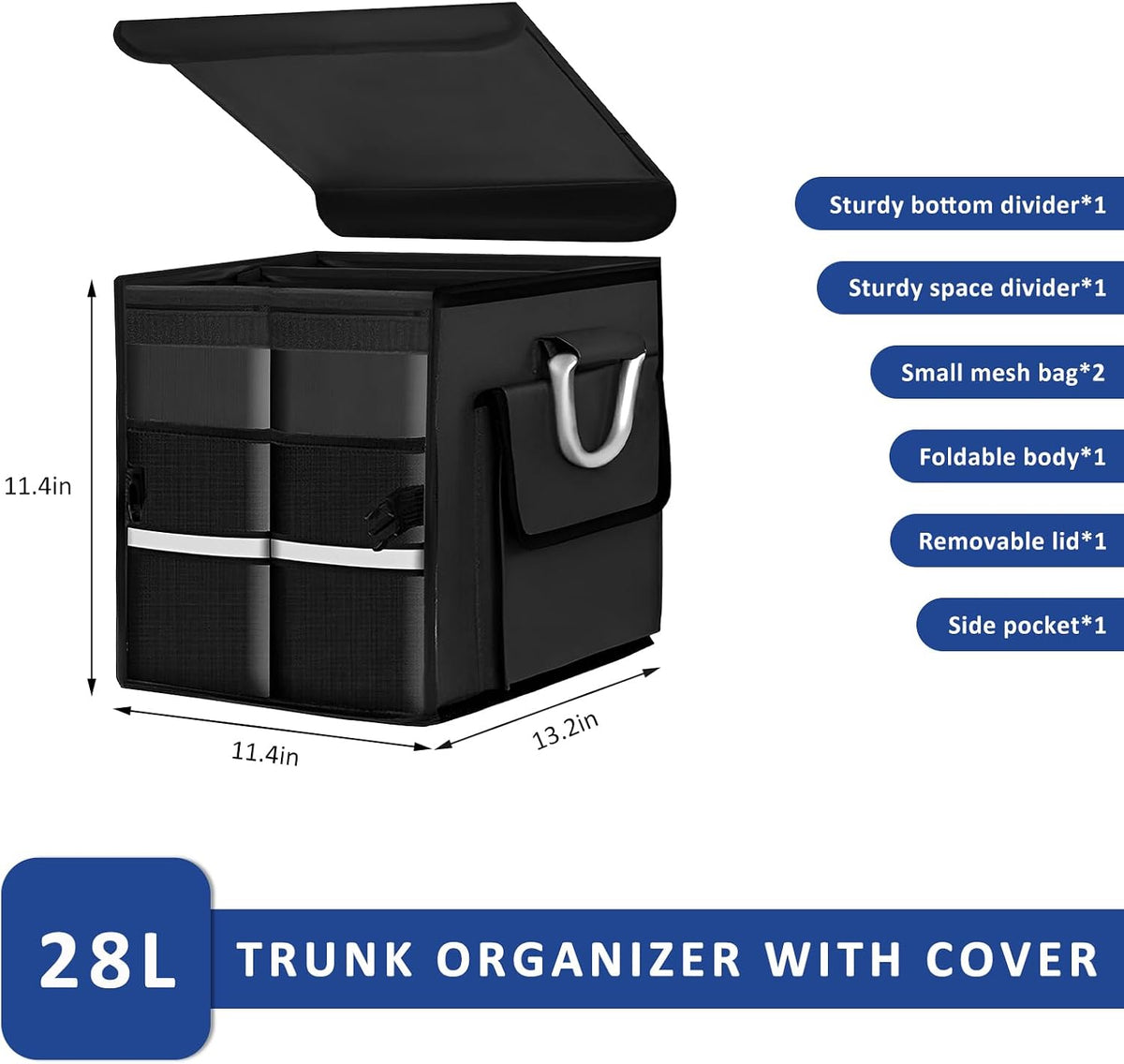 Trunk Organizer with Lid, 28L Collapsible Car Storage Organizer with Aluminum Handles & Reflective Strip, Waterproof Oxford 2-Compartment Cargo Storage Box for Sedan SUV Truck (Black)