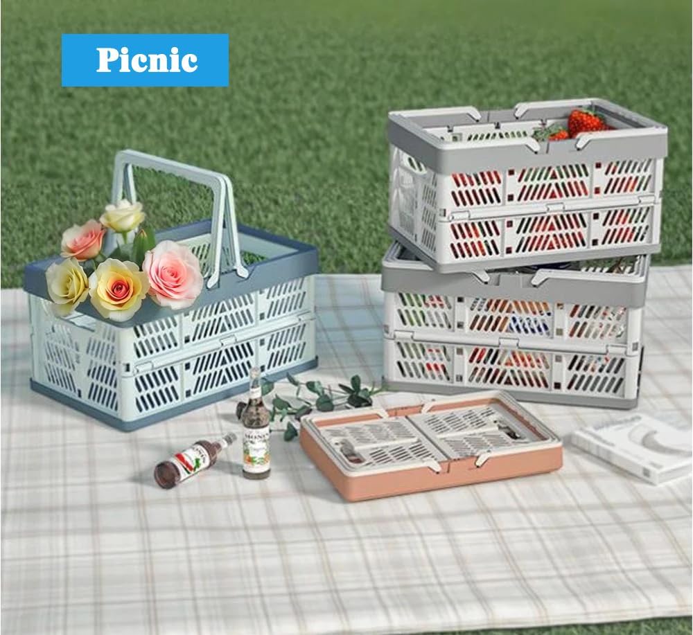 Collapsible Storage Crate with Handles, Milk Crates，33L Foldable Plastic Shopping Basket, Organizer Container for Car Home Pinic (Light pink, Large)