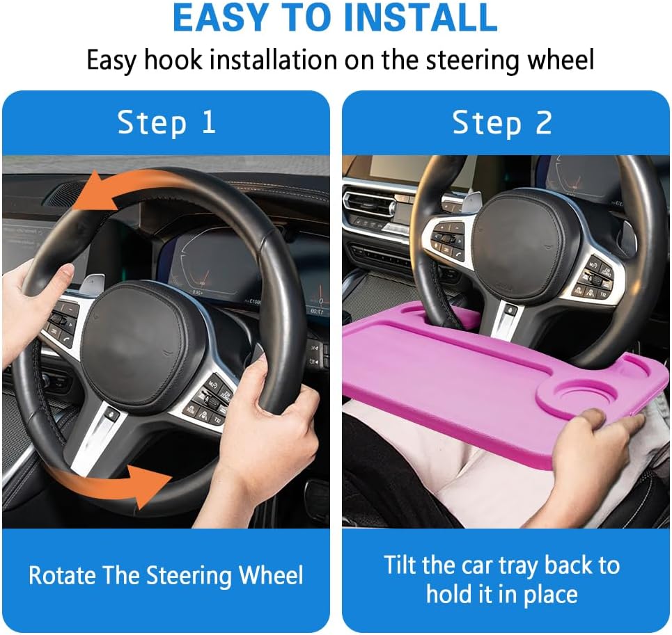 Car Steering Wheel Desk, Steering Wheel Tray, Computer Office Car Table Tray, Travel Car Accessories Multipurpose Auto Travel Table with Food Hook and Eating Tray for Most Vehicles (Pink)