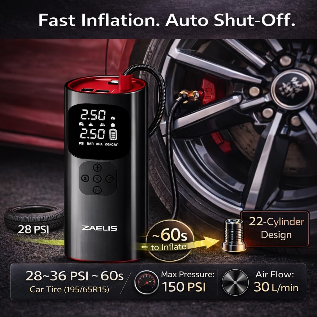 Tire Inflator Portable Air Compressor - 3X Faster 150PSI Air Pump for Car Tires, 12V DC Cordless Tire Inflator with LED Light & Digital Pressure Gauge, Electric Pump for Car, Bike, Motor, Ball