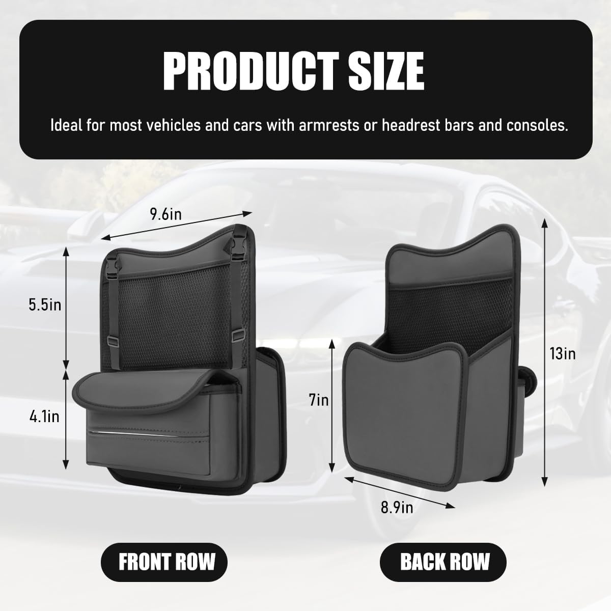 Car Organizer Storage Between Seats, Nappa Leather Front Seat Storage Bag with Tissue Holder, Automotive Console Hanging Net Pocket Handbag Holder for Phone Document (Gray)