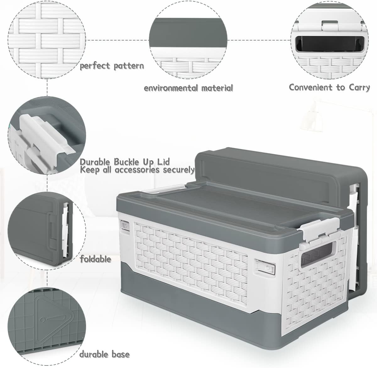 TOPCJ Foldable Storage Bins with Lids,Closet Organizer,Stackable Plastic Storage Containers with Secure Latching Buckles,Perfect Organization for Home,home Office(Grey)