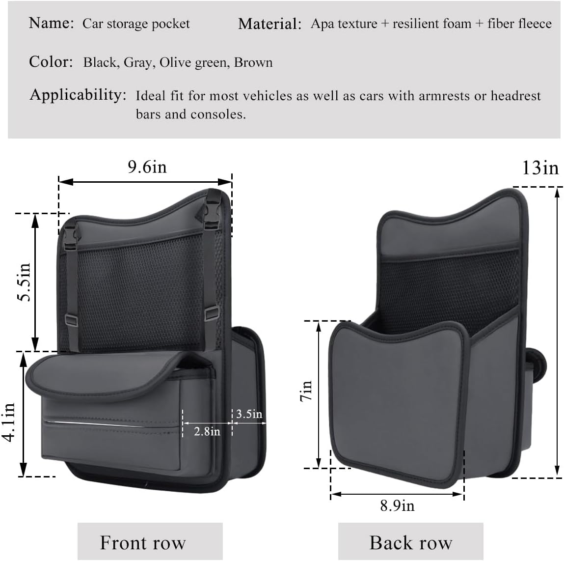 DXNQ Car Organizer Storage Between Seats, Leather Large Capacity Automobile Handbag Hanging Store Content Bag, Auto Console Organizer Holder for Snack Phone Document Storages, Car Accessories (Gray)