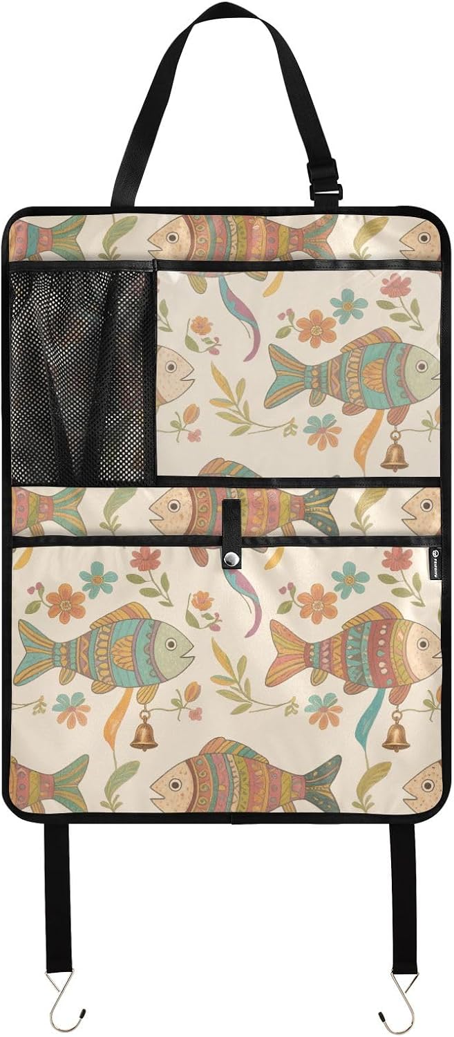 Car Back Seat Organizer with Fish Pattern, Multi-Pocket Storage Bag, Beige, Polyester, 25x18 Inch, Mesh Cup Holder, PVC Tablet Pocket, Kick Mat Protector