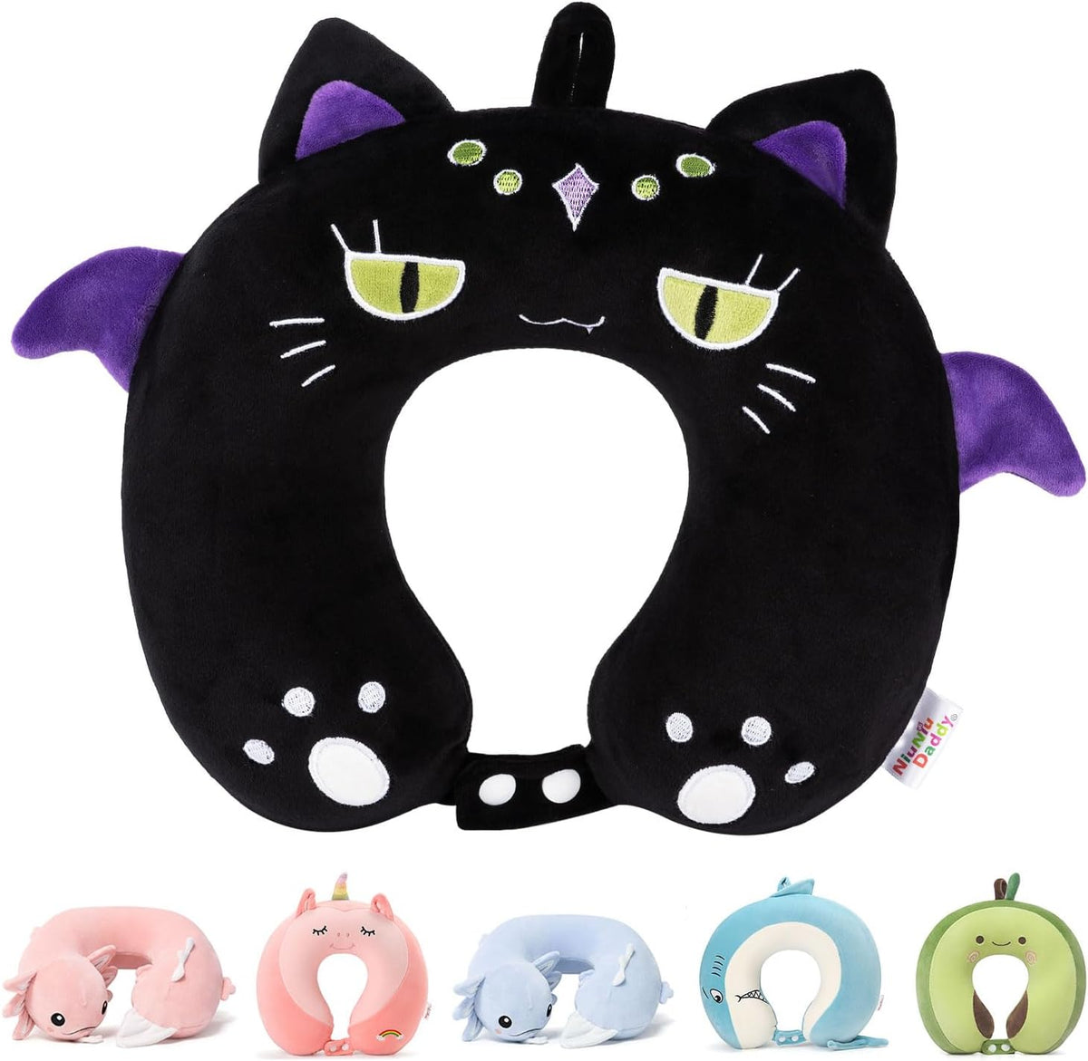 Niuniu Daddy Black Cat Kids Travel Neck Pillow (3-8 Y/O), Memory Foam Toddler Pillows for Head & Chin Support, Cute Sleeping Essentials for Car Seat, Airplane, Stroller and Long Road Trip