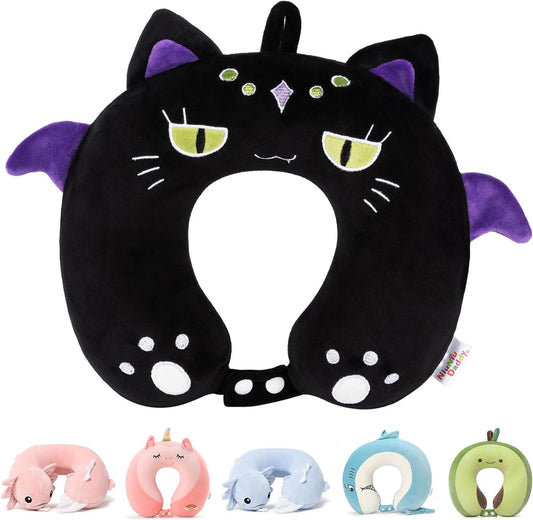 Niuniu Daddy Black Cat Kids Travel Neck Pillow (3-8 Y/O), Memory Foam Toddler Pillows for Head & Chin Support, Cute Sleeping Essentials for Car Seat, Airplane, Stroller and Long Road Trip