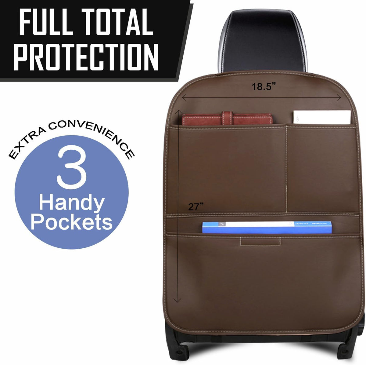SUTSU Kick Mat Back Seat Protector， Waterproof Leather Car Seat Back Organizers Cover with 3 Storage Pockets for Kids Pets SUV Sedan Minivan Truck Car Travel Accessories (Coffee 2-pack)