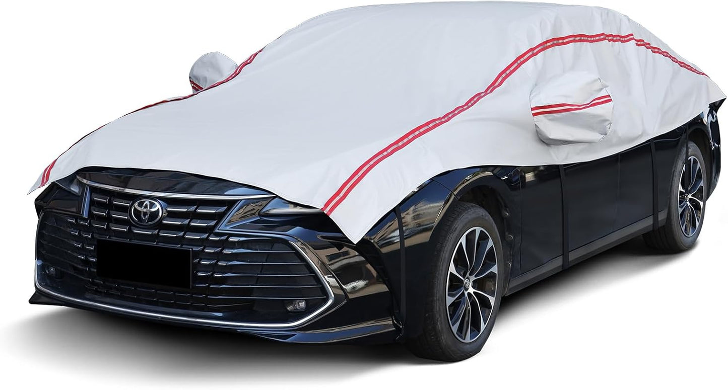Half Car Cover Sedan,Top Cover with Red Reflective Strip, Hail Protector Car Cover with Cotton Liner, Sunroof & Windshield Cover for Ice and Snow, All Weather Car Body Cover for Sun, Rain, Dust