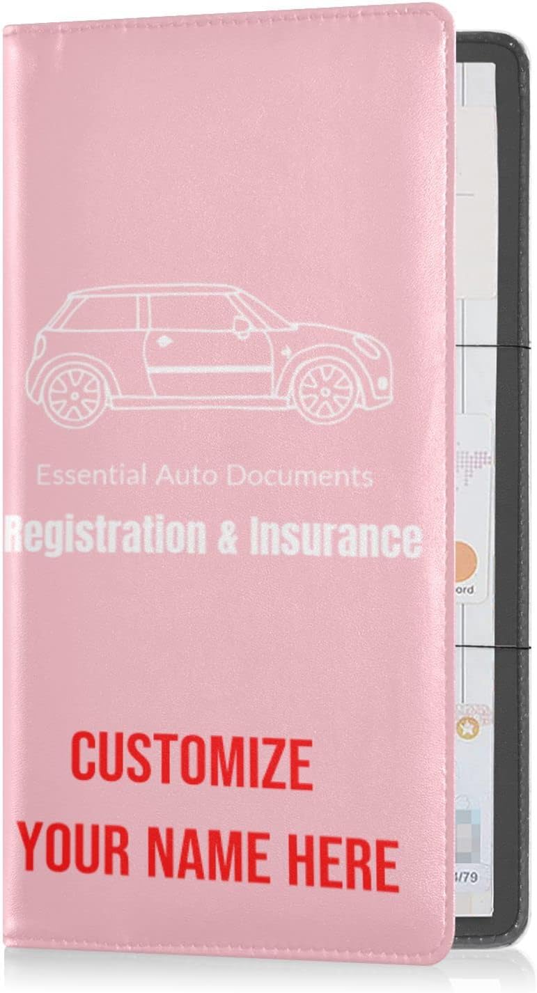 Custom Car Registration and Insurance Card Holder Personalized Leather Glove Box Organize Men Women Wallet Accessories Case for Cards, Essential Document Driver License Pink