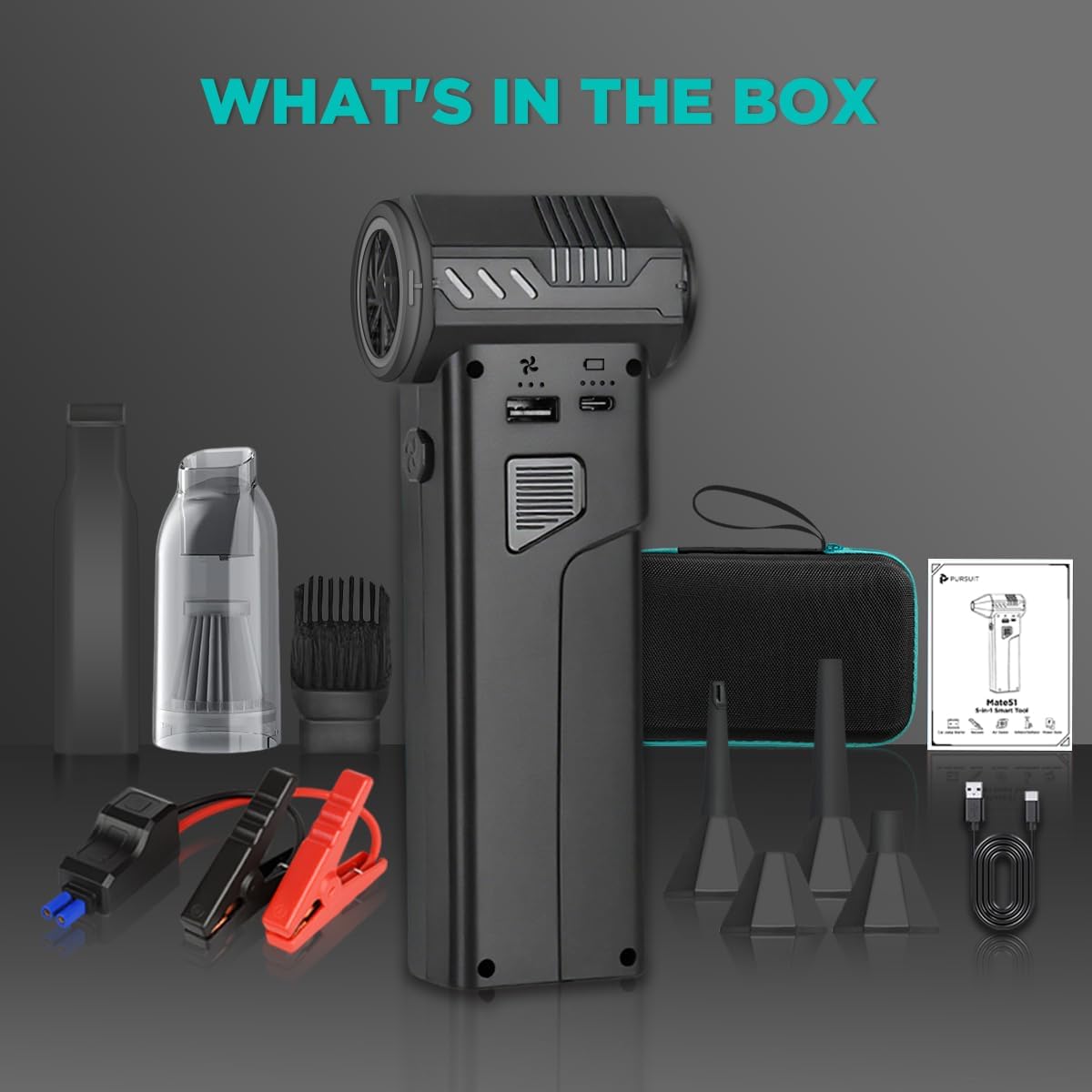 5-in-1 Jump Starter with Air Duster, Portable Vacuum, 2000A Car Battery Booster, Air Inflator/Deflator, 8000mAh Power Bank - 130000RPM Blower Fan Multi-Function Emergency Tool for Car & Outdoor Use