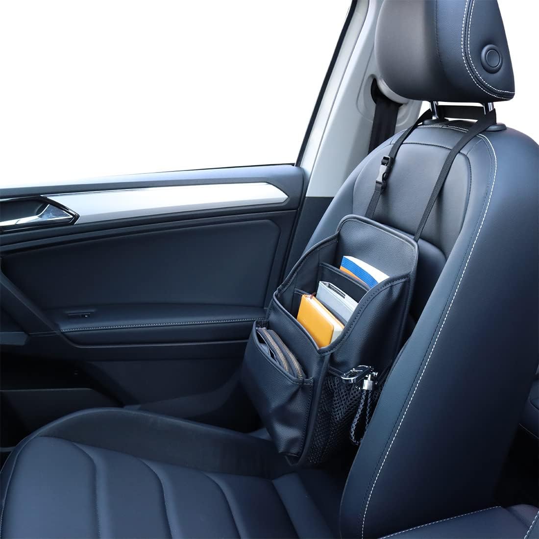 Viaviat Front Seat Organizer Car Upholstery Leather Passenger Seat Storage Bag Large Durable Car Organizer with Adjustable Strap Multiple Compartments Mesh Bags Cup Holders (black)