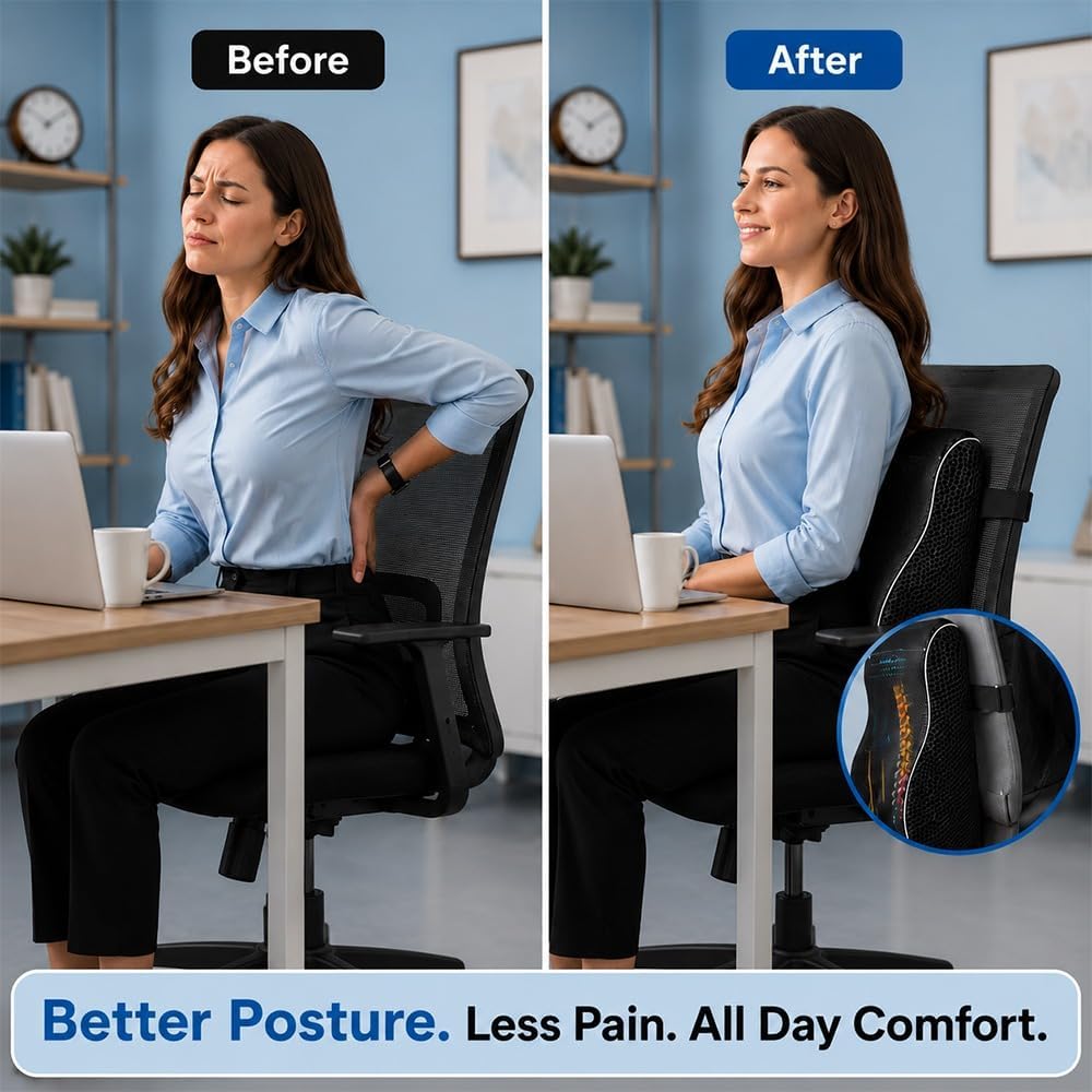 Lumbar Support Pillow for Office Chair and Car - Memory Foam Back Cushion with Breathable Mesh Cover & Dual Adjustable Straps for Back Pain Relief & Long Sitting - Full Back Support for Office Chair