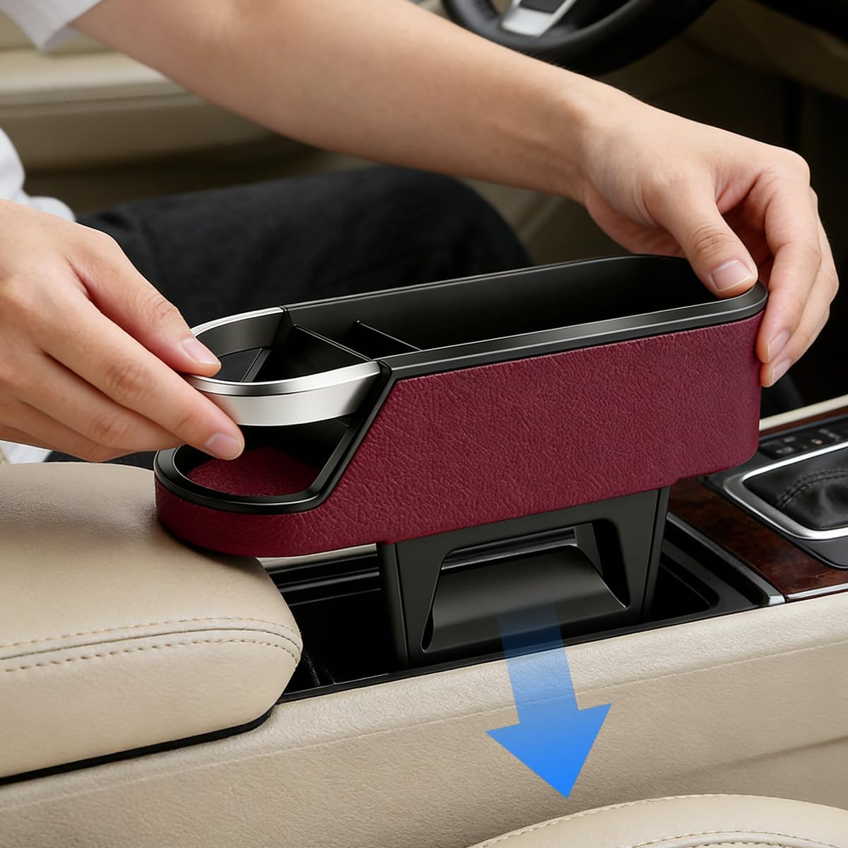 Car Seat Gap Filler Organizer, Leather Automotive Filler Plug Couch Organizer with Cup Holder, Vehicle Front Seat Side Gap Storage Box for Phone Sunglasses Keys, Universal Fit (Black)