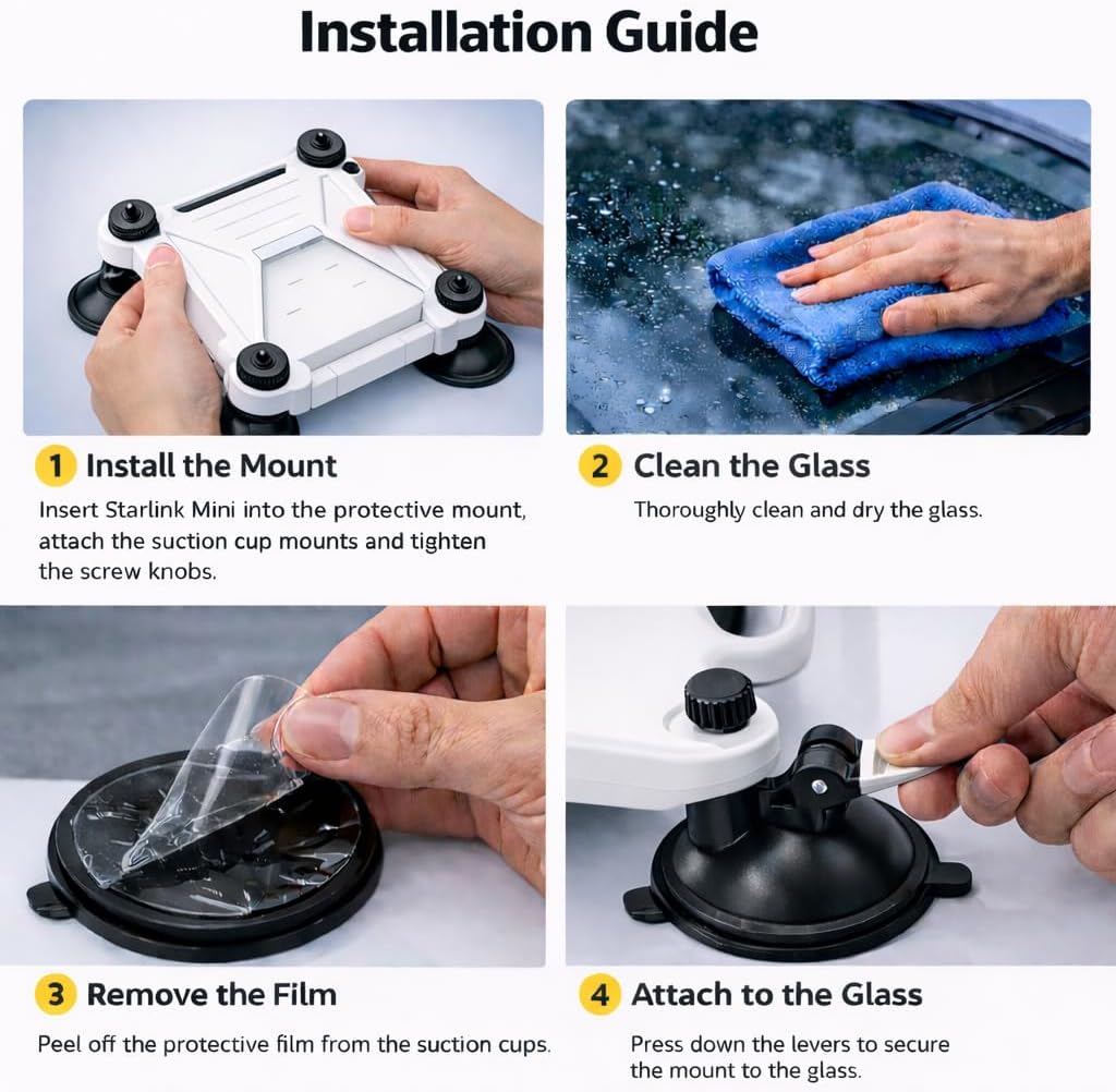 Starlink Mini Suction Cup Mount, 2-in-1 Open-Front Silicone Protective Holder, Fits Mini Only, 4 Heavy-Duty Cups & 2 Steel Hooks for RV Truck Car Window, Boat Cabin & Camping (White)