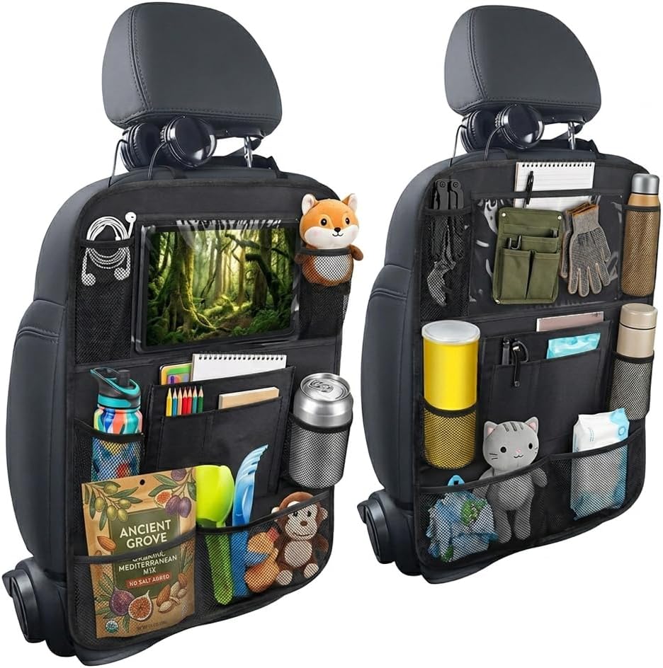 2 Pack Backseat Car Organizer & Kick Mat, Waterproof Seat Back Protector with Clear Pad/Tablet Holder, Universal Fit Car Organizer for Kids Travel Essentials & Storage for SUV/Truck/Sedan