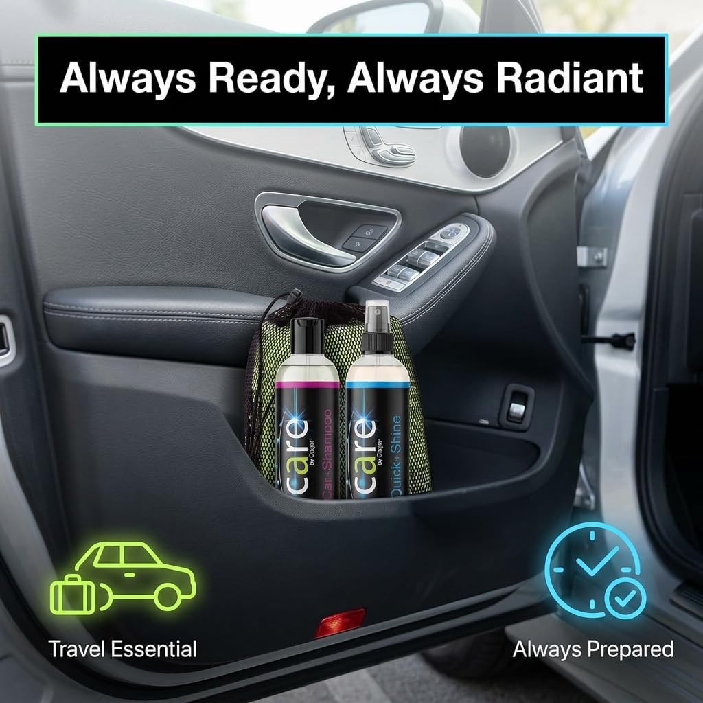 Travel Kit, Automotive Car Accessories and Cleaning Supplies, 4-Piece Set with Car Shampoo and Quick-Shine Polish, and 2 Microfiber Towels