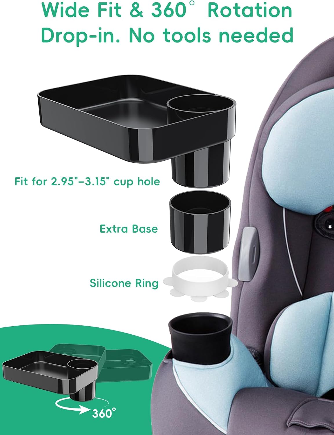Car Seat Cup Holder Snack Tray for Kids, Reduces Mess, Detachable Large Base & Adjustable Ring, Carseat Tray for Toddler, Car Seat Food Tray Eating Table for Kids Travel Road Trip Essentials