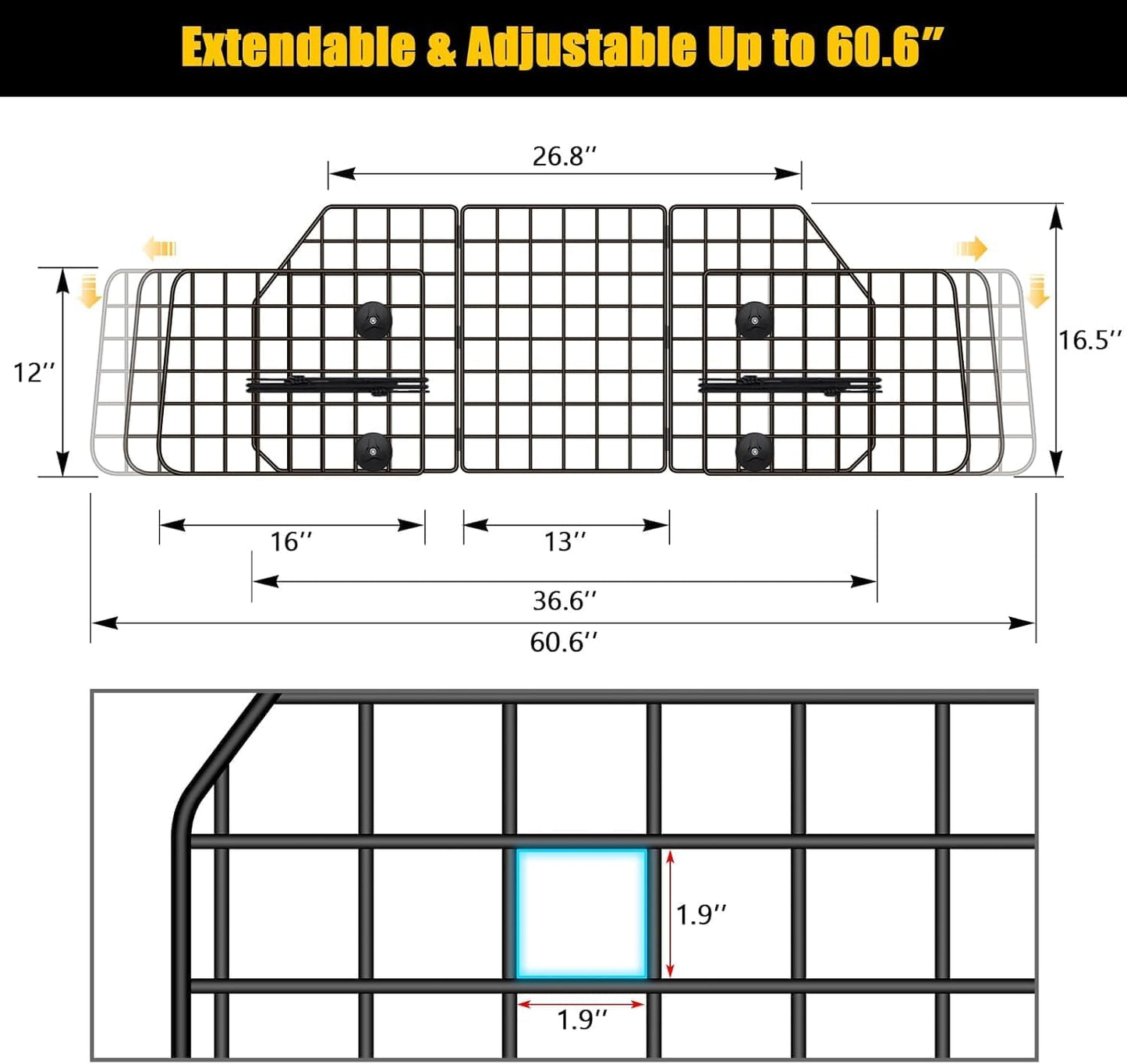 Gtongoko Dog Car Barrier for SUV, Heavy Duty Steel Wire Mesh Pet Divider for Vehicles Adjustable Universal Fit Dog Travel Barrier for Cars Trucks & SUVs, Cargo Area Safety Gate with Elastic Ropes