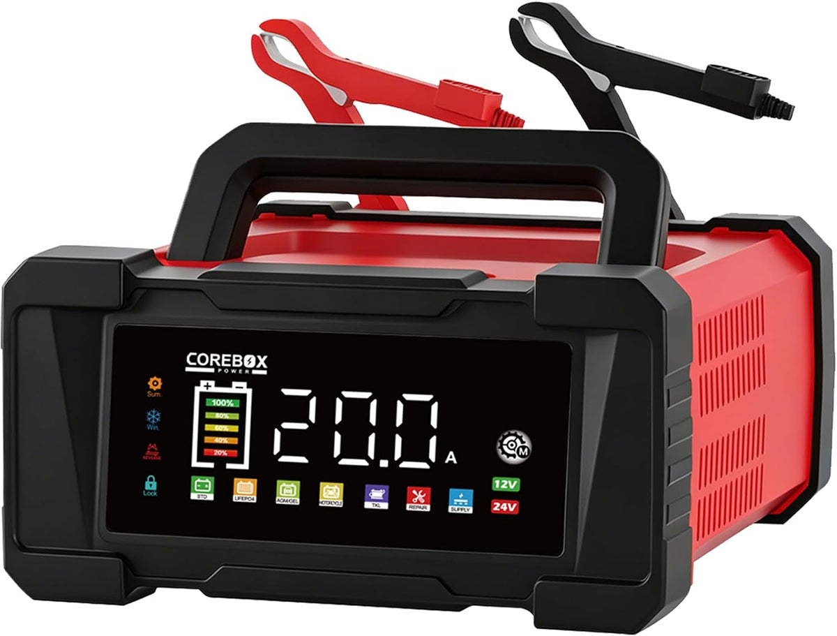 Battery Charger 20-Amp 12V/24V Smart Trickle Charger for Car - Battery Maintainer Trickle Charger, and Car Battery Charger Heavy Duty with Temperature Compensation for Automotive Truck Motorcycle
