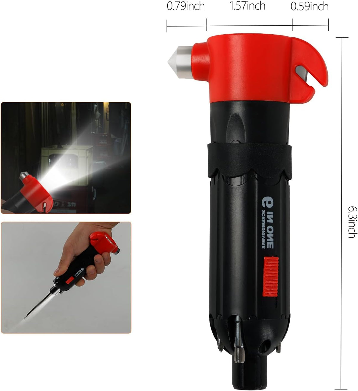 6-in-1 car Safety Hammer Escape Tool, Includes seat Belt Cutter, Window Breaker, 5 Types of Screwdrivers, Retractable Magnetic bar and Emergency Light Function (Dry Batteries not Included)