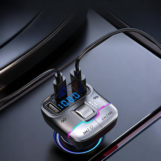 USB C Bluetooth 5.3 Car Adapter for Hands-Free Calling & Fast Charging, Wireless FM Transmitter Audio Receiver with USB Playback and 7-Color LED Backlit, Type-C PD Charger for All Cars