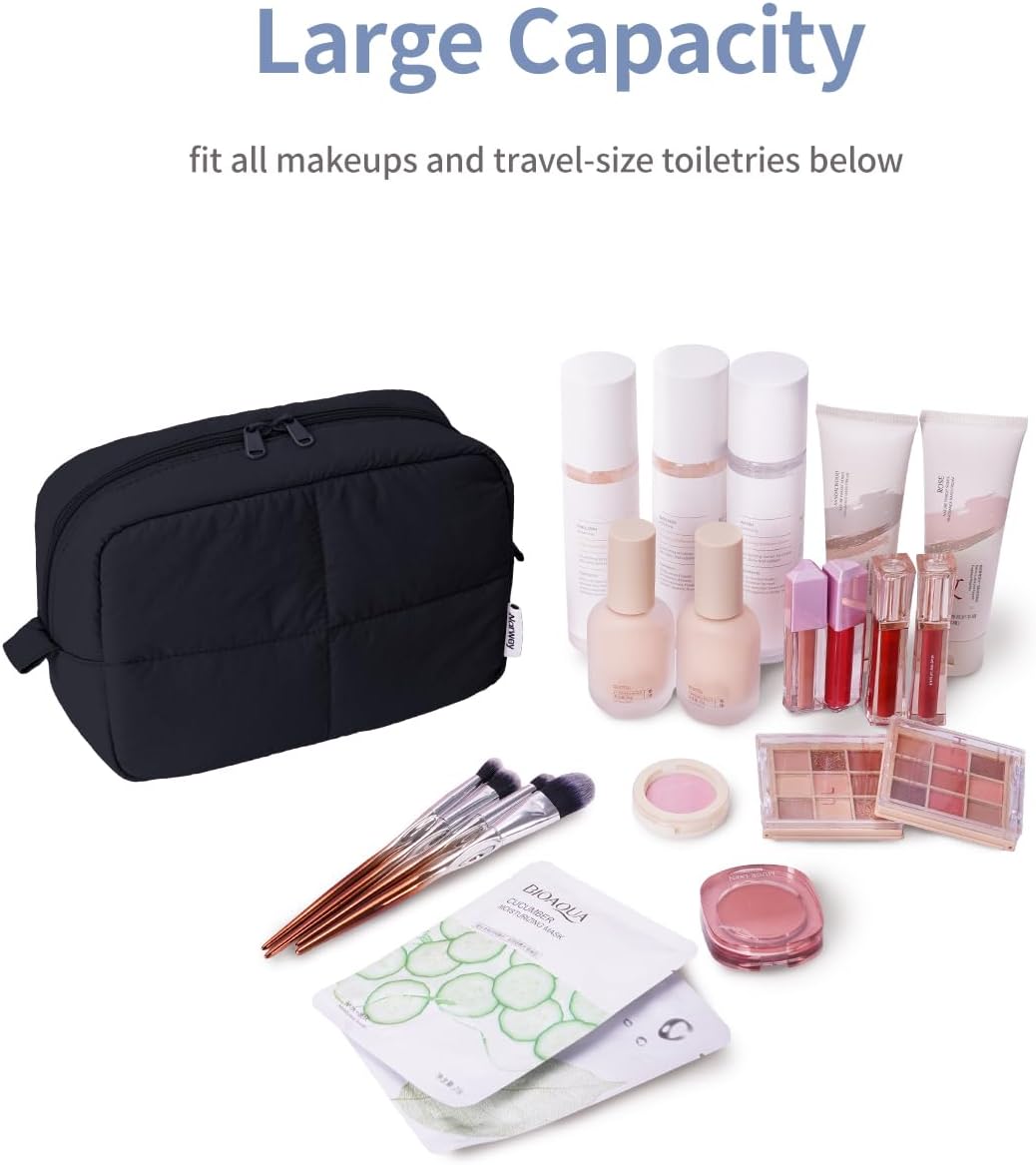 Narwey Puffy Makeup Bag Travel Toiletry Bag, Quilted Cosmetic Bag for Women