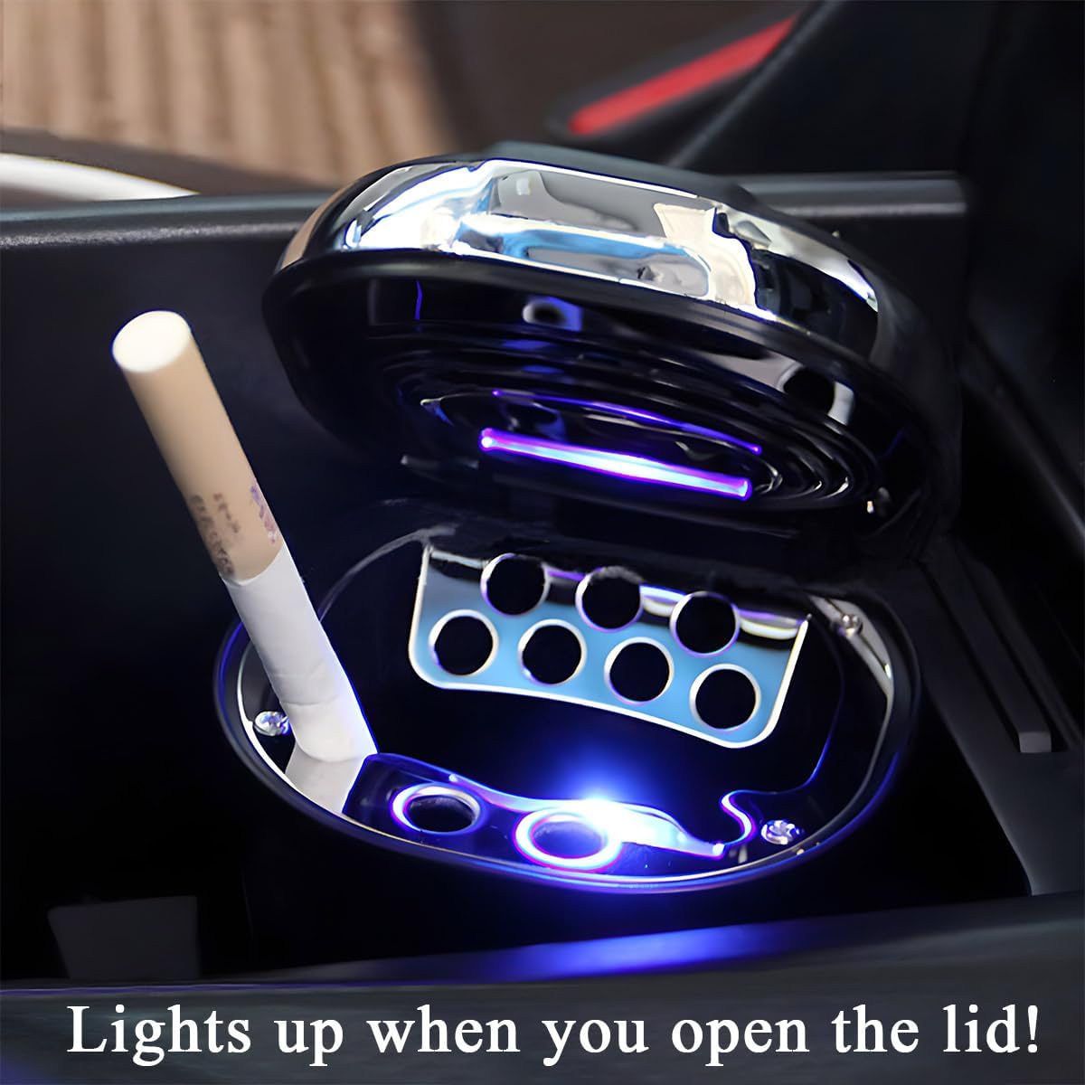 povtii Car Ashtray with Lid, Rechargeable Stainless Auto Ashtray with LED Light Indicator, Portable Smell-Proof Ashtray Cup with Lid & Detachable Cigarette Lighter, Car Accessories (Silver)