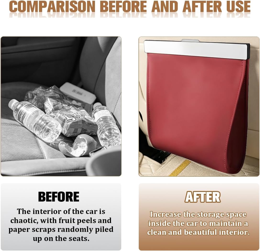 Leather Car Trash Can, Magnetic Closure Leak Proof Waterproof Vehicle Hanging Trash Bin, Automotive Garbage Storage Organizers, Universal for SUV Automobile Truck (Red)