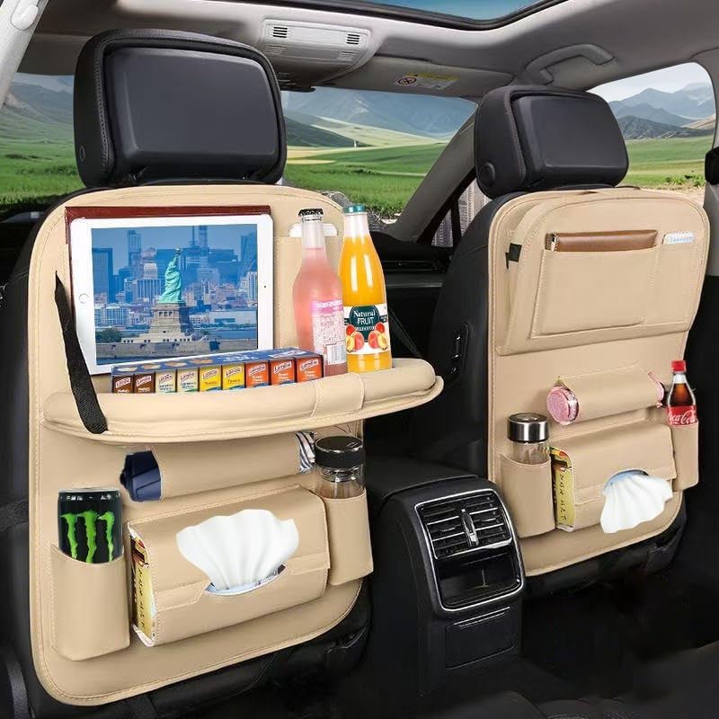 YiYang With a foldable tray car seat organizer backseat（Set of 2, Beige）