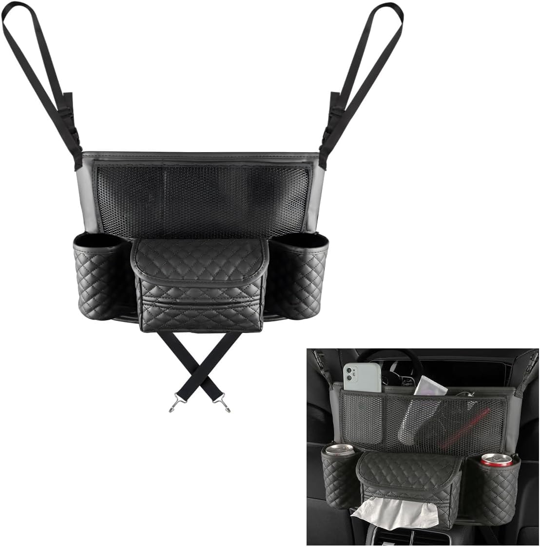 DXNQ Car Purse Holder Between Seats, Luxury Leather Front Seat Back Handbag Organizer with Tissue Box Cup Holders, Auto Large Capacity Multi Pocket Purse Holder Hanging Storage Bag (Beige)