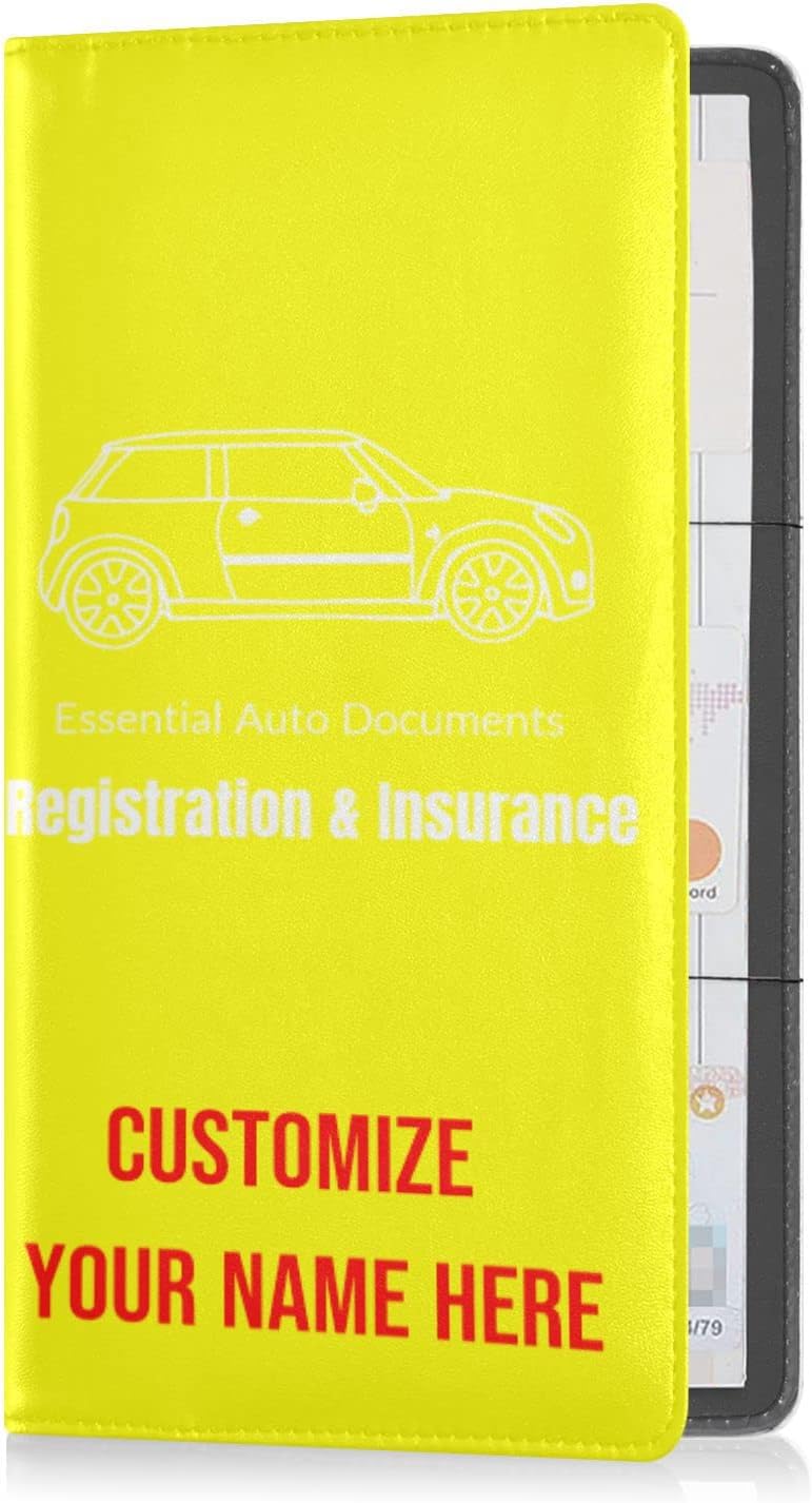 Custom Car Registration and Insurance Card Holder Personalized Leather Glove Box Organize Men Women Wallet Accessories Case for Cards, Essential Document Driver License Yellow
