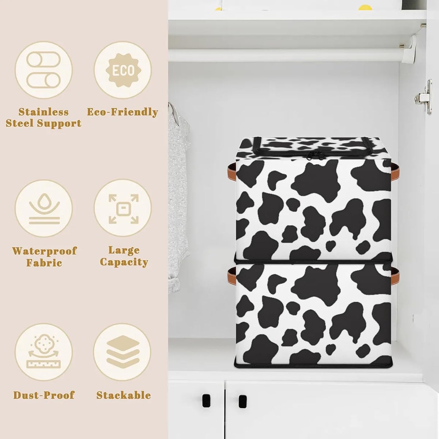 Cow Print Pattern Storage Bins With Zipper Lid, Collapsible Trunk Organizer, Car Organizers and Storage Bins with Lids, Decorative Storage Boxes with Handle, Home Storage Baskets for Organizing