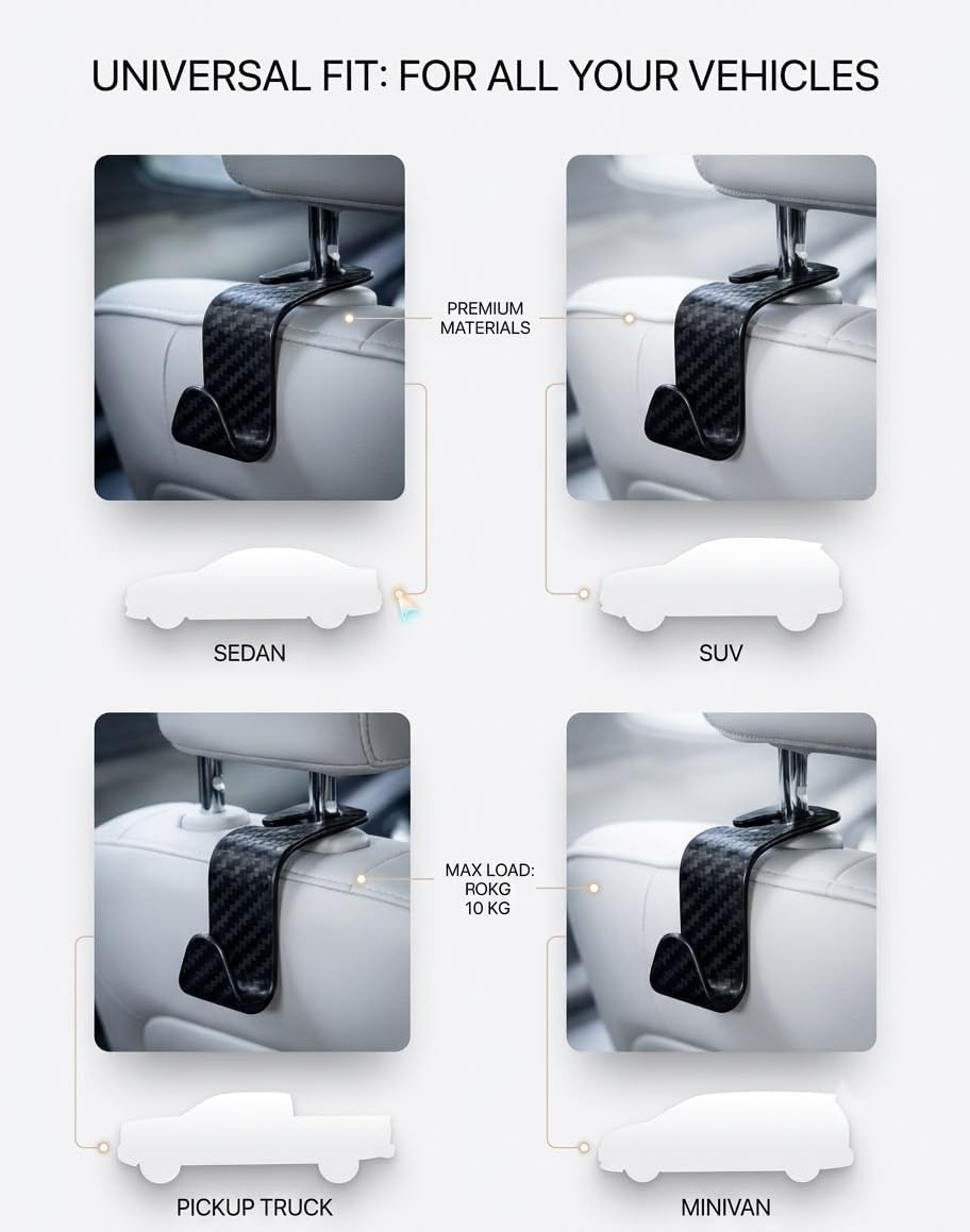 Carbon Fiber Car Seat Headrest Hooks, 4 Pack Car Back Seat Organizer Hooks for Handbags, Purses, Groceries, Coats and Accessories, Universal Vehicle Storage Hanger Hooks for Cars, SUVs and Trucks