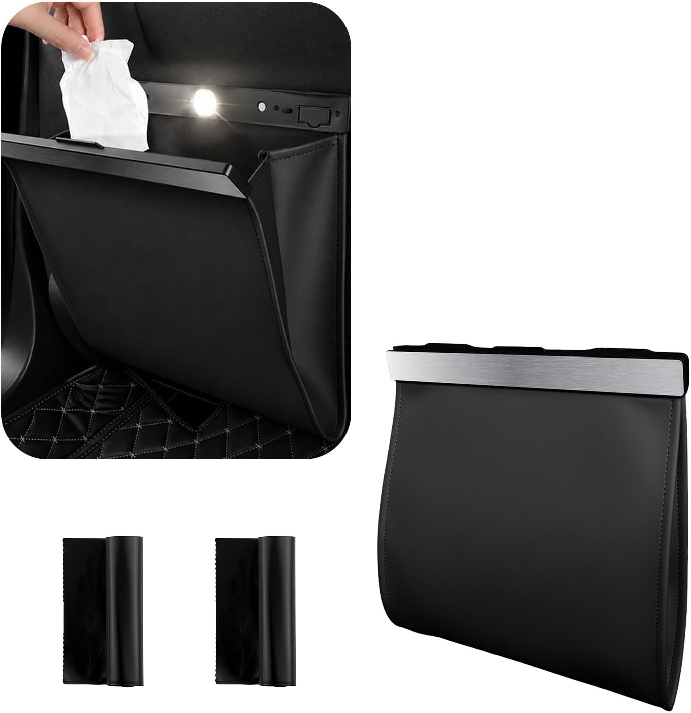 2026 New Car Trash Can with LED Light &amp; Strong Magnet Closure,Leather Car Trash Bin with 12 Bags,Large Capacity Cars Garbage Can as Cars Organizer for Back Seat/Door
